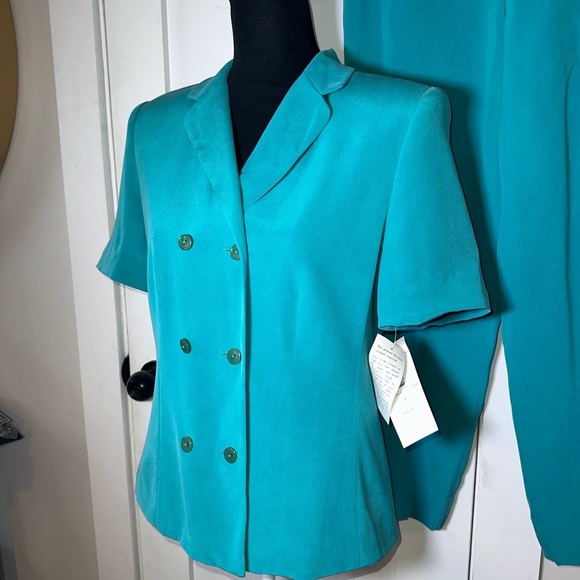 VINTAGE NWT 100% SILK Teal Women's Blazer Top & Pants Set - Picture 3 of 15